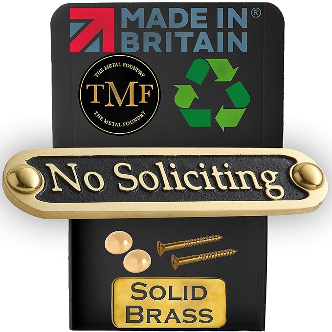 No Soliciting Brass Door Sign. Traditional Style Home Décor Wall Plaque Handmade By The Metal Foundry UK.