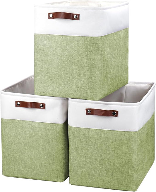 Large Fabric Storage Baskets | 50L Storage Bins, Decorative Linen Closet Baskets with Handles for Organizing, Shelf, Toys, Clothes, Home, Office, Nursery, 17x12x15Inches (Green&White)