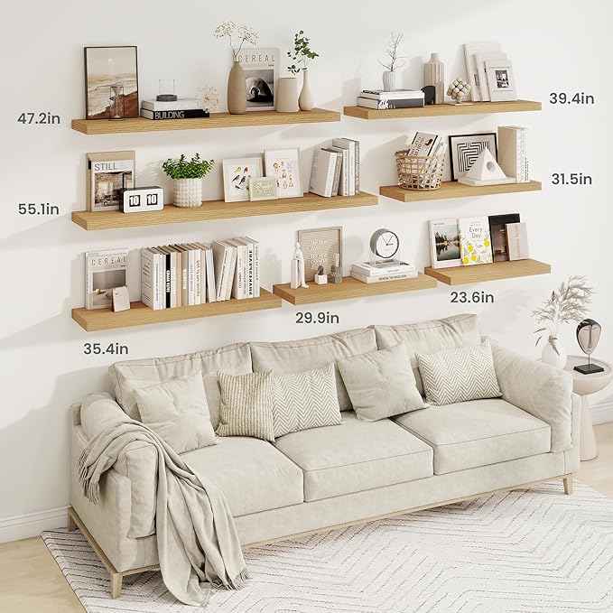 Fun Memories 55 Inch Fireplace Mantel Shelf -Long Floating Shelves, Deep Wall Mounted Farmhouse Display Shelves with Invisible Heavy Duty Metal Bracket, Oak, 2 Pack