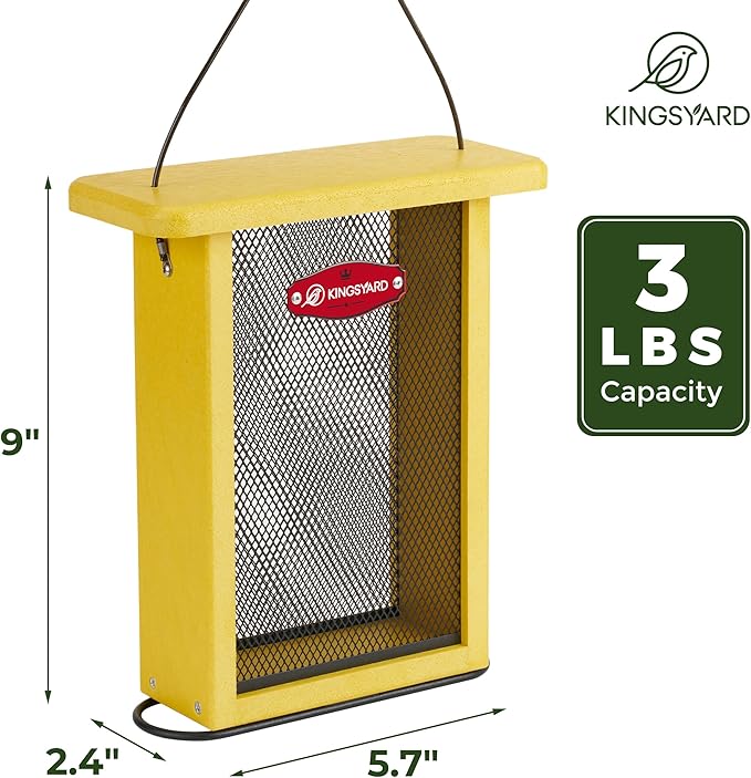 Kingsyard Metal Mesh Bird Feeder for Outdoors Hanging, Finch Feeder for Nyjer/Thistle, Sliding Mesh & Built-in Perch, Recycled Plastic, Yellow