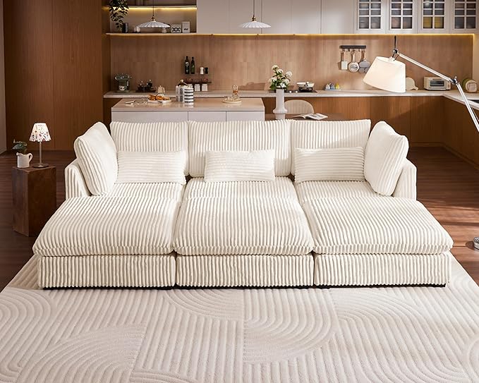 Oversized Modular Sofa, Extra Deep Cloud Corduroy Sectional Couch with Ottoman Chaise, Fluffy Chenille 6 Seater Couch Bed for Living Room, Villa (Sofa Bed 6 Seater, Corduroy White)