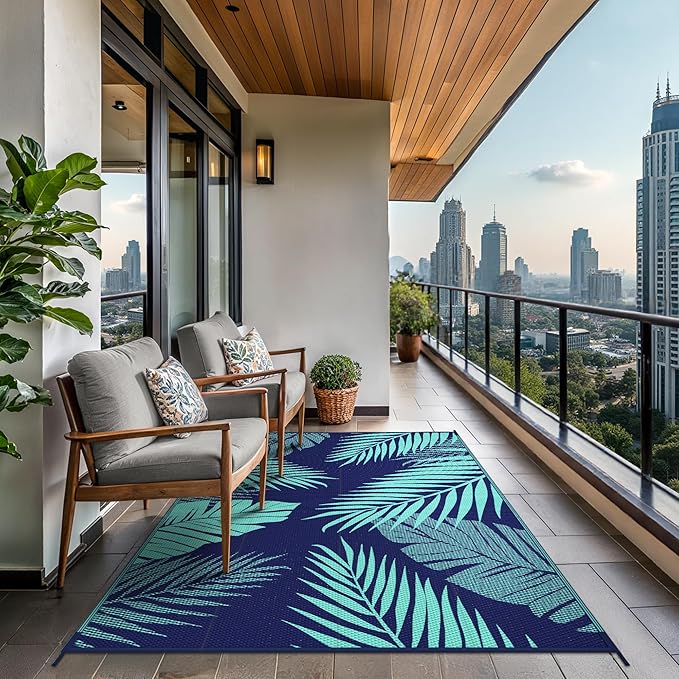 GENIMO Outdoor Rug 6' x 9' Waterproof for Patios Clearance, Reversible Outdoor Plastic Straw Camping Rug Carpet, Large Area Rugs Mats for RV, Camper, Deck, Balcony, Porch, Beach, Navy Blue&Jade Green