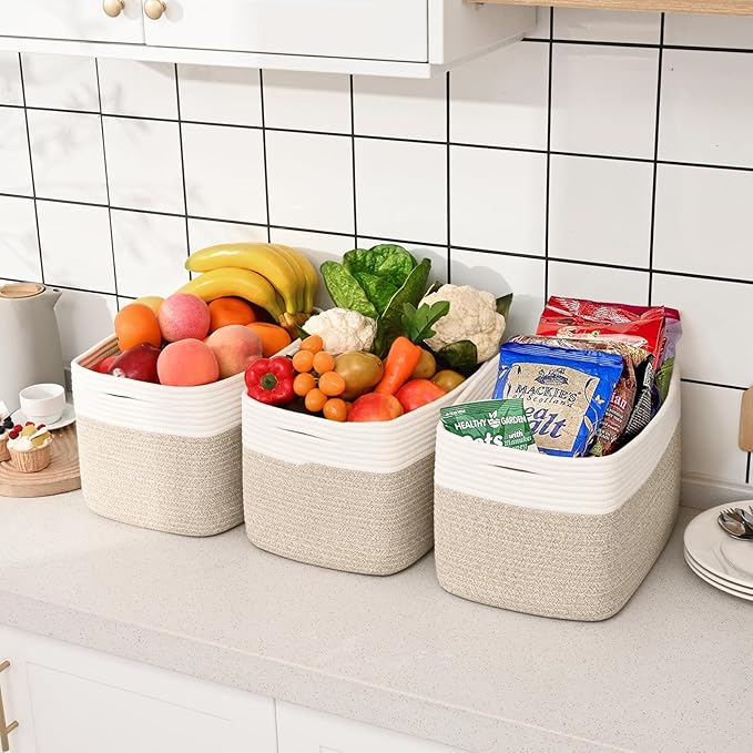 Shelf Baskets for Organizing, Woven Storage Basket for Shelves, Cotton Rope Storage Bins for Toys Books, Nursery Towel Baskets for Classroom, 14.96"X9.8"X8.85", 3-Pack White/Brown