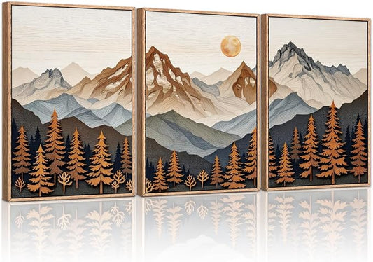 HLNIUC Large Boho Mountain Framed Canvas Wall Art Set,Woodcut Style Mountain Wall Decor,Vintage Forest Pine tree Art Prints,Nature Sunrise Landscape Wall Painting for Living Room,Bedroom - 16”x24”x3