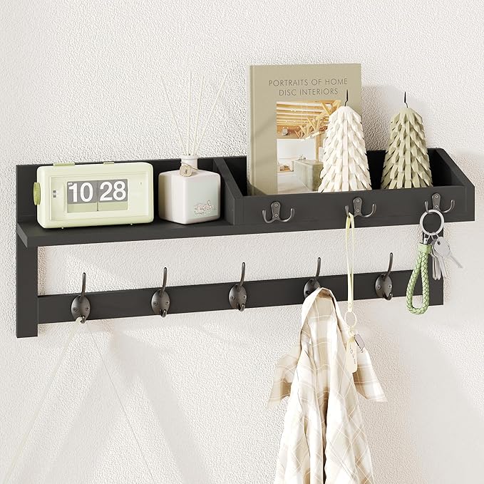 AMBIRD Wall Hooks with Shelf 26.57inch Entryway Wall Hanging Shelf Wood Coat Hooks for Wall Coat Rack Wall Mount Rack with 5 Dual Hooks 3 Key Hooks Mail Organizer and Key Rack Key Holder (Black)