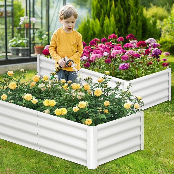 Galvanized Raised Garden Bed Outdoor, 2 Pcs 6x3x1FT Outdoor Large Planter Raised Beds Open Base with Safety Edge and Glove for Vegetables Flowers Ground Planter, White