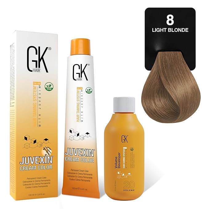 GK HAIR Global Keratin Natural 8 Light Blonde Hair Color Cream Tube (3.4 Fl Oz/100ml) + 20 Volume Developer (5 Fl Oz/150ml) - Professional Permanent Long Lasting Toner Dye