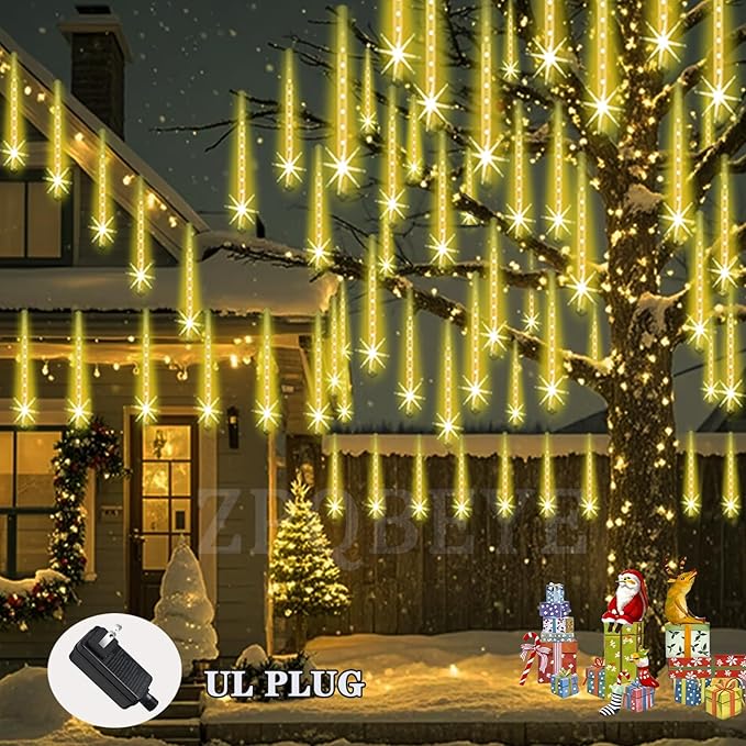Outdoor Meteor Shower Christmas Lights 24-Tube 576LEDs Shooting Star Waterfall Meteor Shower Falling Rain Light for Christmas Tree Decorations Wedding Party Holiday Garden, UL Plug Warm White