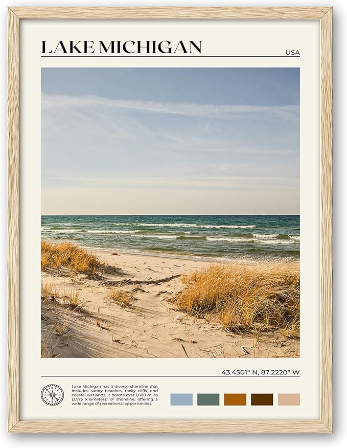 HesenDot Natural OAK Wood Lake Michigan Framed Wall Art,12x16in Natural Scenery Canvas Wall Print,Classic Urban City Landmark Wall Decor for Living Room,Bedroom,Office Gallery Gifts Set of 1