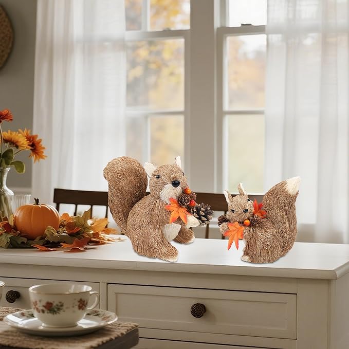 winemana Set of 2 Fall Table Decor-Squirrels with Leaves Pine Cones Thanksgiving Home Decorations Indoor Sisal Figurines, Cozy Fall Office Harvest Centerpiece Christmas Kitchen Décor