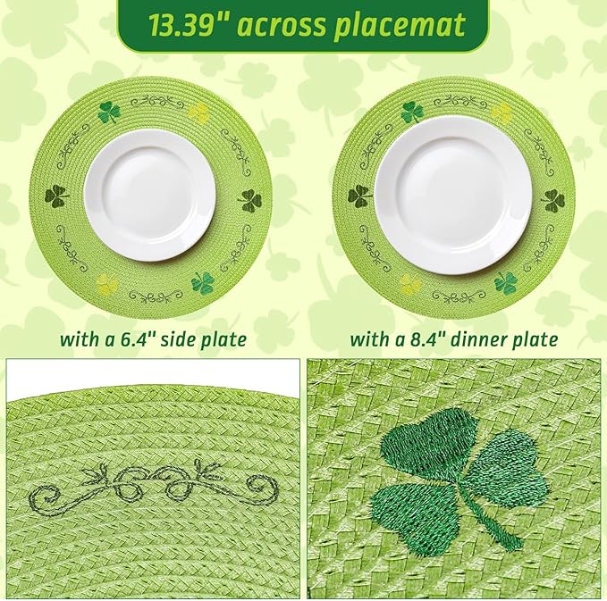 Whaline 4Pcs Round St. Patrick's Day Placemats Embroidered Shamrock Place Mats Green Clover Dinner Table Mats for Home Spring Irish Holiday Birthday Party Decor