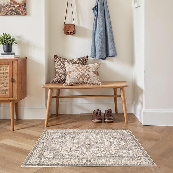 Washable Area Rugs for Living Room -2x3 Neutral Vintage Distressed Floral Farmhouse Boho Large Soft Floor Rug Indoor Non Slip Carpet for Bedroom Dining Room Office - Brown/Multi