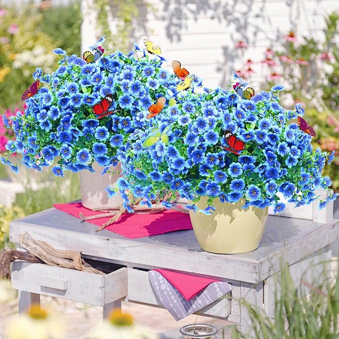 ‌20 Bundles Artificial Flowers for Outdoors‌ with 6 Faux Butterflies, UV Resistant ‌Fake Flowers‌ with Eucalyptus Leaves, ‌Artificial Plants Outdoor‌ for Patio Garden Porch Home Decor (Blue)