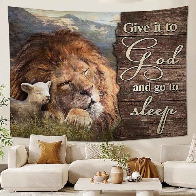yowecso Lion and Lamb Tapestry Give It To God And Go To Sleep Tapestry Wall Hanging for Bedroom Christian Religious Tapestries Aesthetic Wall Decor for Home Dorm Living Room 50"x60"