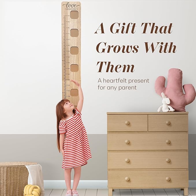 Wooden Growth Chart for Wall - Foldable Height Chart for Kids with Picture Slots - Milestone Tracker Measuring Board with Mounting Hooks - Easy Installation, Smooth Finish, Neutral Color