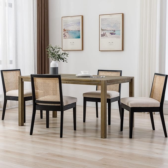 VESCASA Upholstered Dining Chairs with Square Rattan Back, Armless Padded Linen Cushion Dining Chairs with Wood Legs for Dining Room, Kitchen, Set of 6, Black Frame