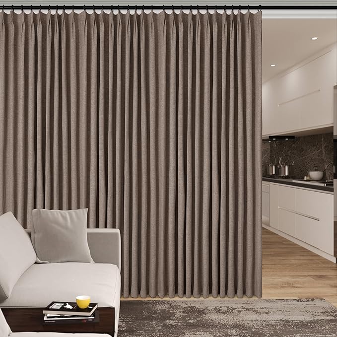 70" W x 108" L Faux Linen Room Divider Curtains, Full Blackout Pinch Pleated Drapes for Traverse Rod, Bedroom Divider Privacy Drapery with Hooks for Ceiling Track, 1 Panel, Light Brown