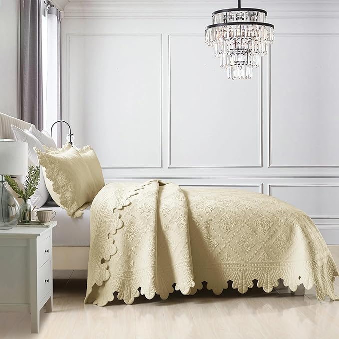 MarCielo 3-Piece 100% Cotton Oversized Bedspread Lightweight Quilt Coverlet Embroidery Farmhouse Bedding Set (Tk Beige Khaki, Oversized Queen (100"x106"))