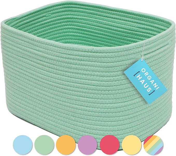 OrganiHaus Green Basket for Shelves, Decorative Cloth for Organizing, Cotton Rope Storage Basket for Toys, Small Woven Baskets for Storage