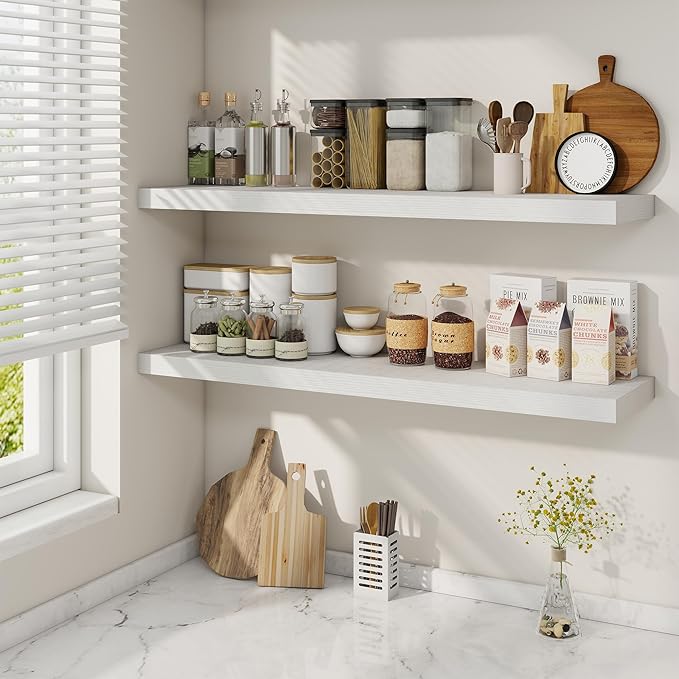 Fun Memories 40" Rustic Wood Floating Shelves with Invisible Brackets for Storage & Decor, Deep Wall Mounted Shelves for Bathroom, Kitchen, Living Room (White, Set of 2)