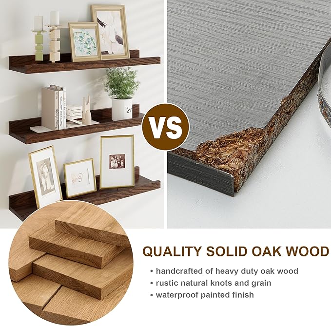 Floating Picture Ledge Shelves 48 Inch Solid Oak Wood Set of 2, Rustic Wall Storage Shelves with Lip, Kids Bookshelf, Photo & Picture Ledge Shelves for Bedroom, Living Room, Kitchen