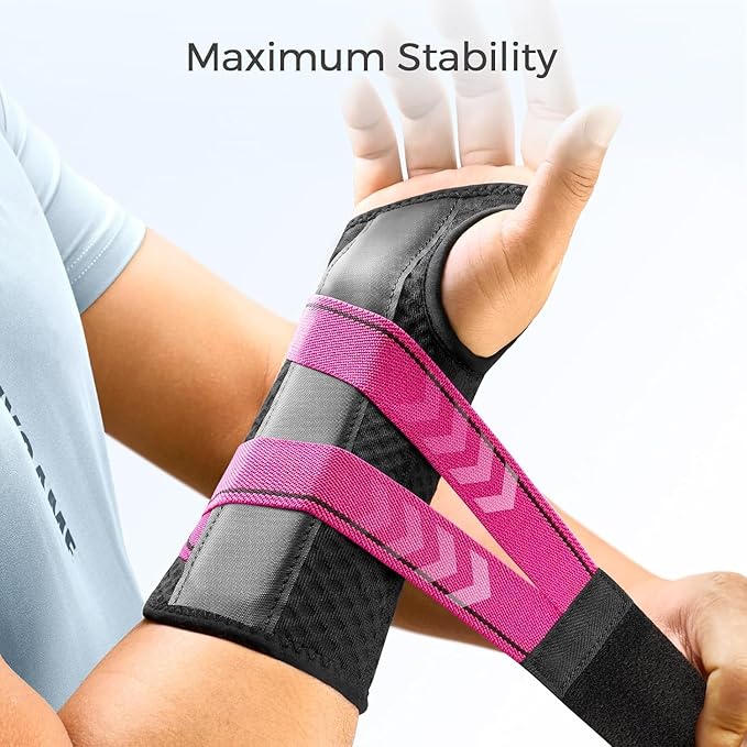 FREETOO Carpal Tunnel Wrist Brace Night Support Fit Left Hand for Work, Pain Relief Wrist Splint for Tendonitis, Sprain, Strain, Rigid Hand Brace for Arthritis for Women and Men (XS, Black/Pink)