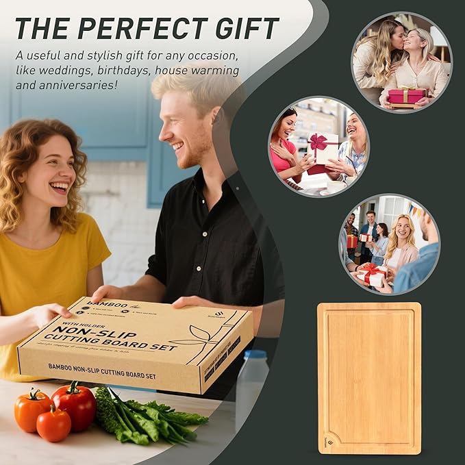 Bamboo Cutting Board Set Non Slip Feet with Holder Over Sink Kitchen Gadgets Charcuterie & Chopping Board Apartment Essentials New Home Must Haves Things Stuff Accessories House Housewarming Gifts