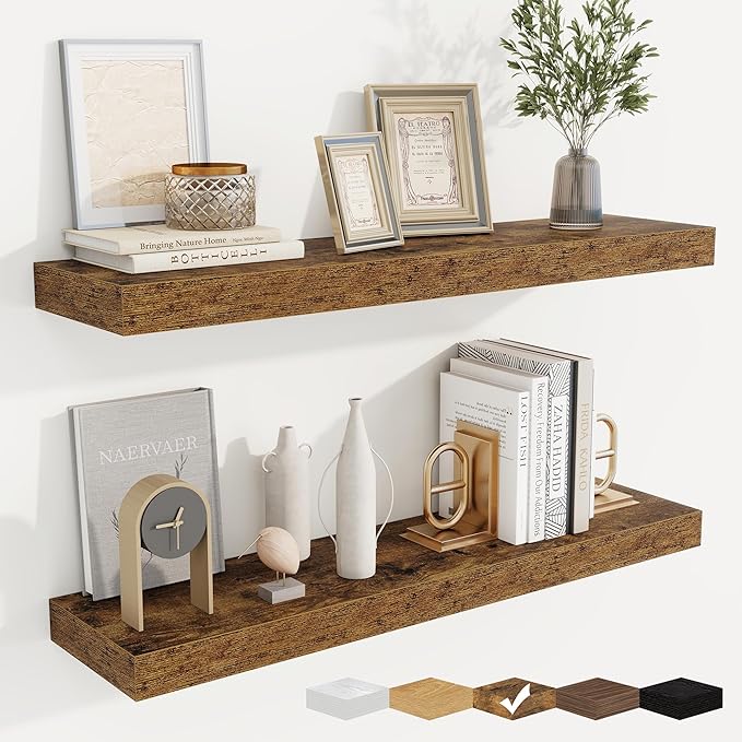 fuqing Floating Shelves for Wall, Bathroom Shelf Wall Mounted for Storage, Shelves with Invisible Bracket for Bedroom, Kitchen, Living Room, Farmhouse Small Book Shelf, 32 Inch Set of 2, Rustic Brown