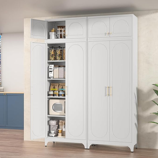 Kitchen Pantry Cabinet, 90" Tall Metal Pantry Cabinet, Food Cupboards with Doors and Shelves, Freestanding Storage Cabinets for Dining, Living Room, 16"D x 32"W x 90"H, White, Assembly Required