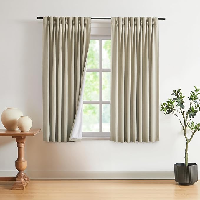 Vision Home Sand Pinch Pleated Full Blackout Curtains Linen Blended Room Darkening Window Curtains 72 inch for Living Room Bedroom Thermal Insulated Pinch Pleat Drapes with Hooks 2 Panel 40" Wx72 L