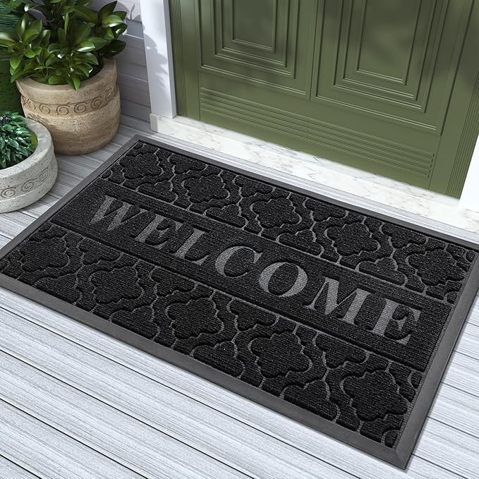 Yimobra Welcome Mat Outdoor Indoor, All-Season Waterproof Front Door Mat Outside Entrance, All-Weather Heavy Duty Non-Slip Doormat, Low Profile Porch Patio Entrance Mats, 36x24, Black