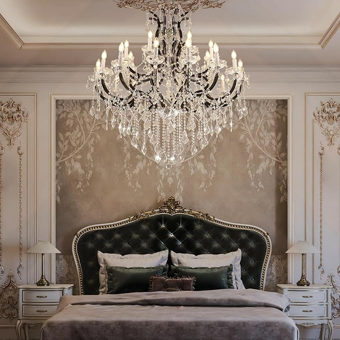 Large Black Crystal Chandelier Light Fixtures, 24 Lights Modern Crystal Chandeliers for Hotel, Lobby, Foyer, Entryway Hall, Staircase High Ceiling 50'' Chandelier 2 Layers
