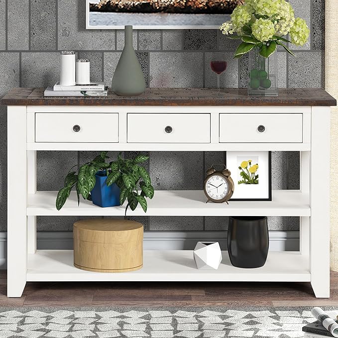 Farmhouse Wood Entryway Console Table 48-Inch Modern Sofa Entry Table with Drawers and Storage Shelves for Entrance Living Room (Antique White)