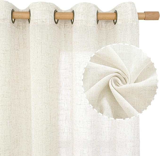 LAMIT Short Sheer Linen Curtains 40 inches Long, Bronze Grommet Linen Drapes Light Filtering Semi Sheer Curtains for Small Window/Kitchen/Farmhouse, 2 Panels (34 x 40 Inch, Cream)