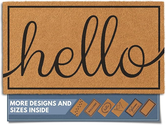 Barnyard Designs Natural Coco Coir Heavy Duty Backing Doormat - Large Cute Non-Slip Front Door Welcome Mat for Outside Entrance or Porch Entry, Brown (17x30, Hello)