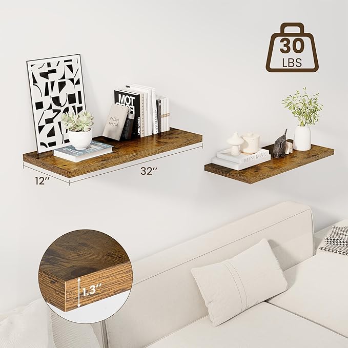 32" Floating Shelves for Wall, 12" Deep Slim Rustic Brown Floating Shelves, Wall-Mounted Shelves for Bedroom, Living Room, Kitchen, Bathroom - Set of 2