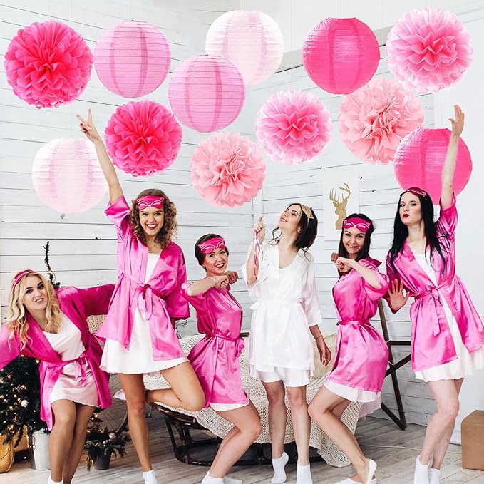 Light-Hot Pink Party-Decorations Paper-Flowers Lanterns - 15pcs Graduation Girl Birthday Decor Tissue Pom Poms Streamers, Bridal Baby Shower Wedding Bachelorette Valentine Hanging Supplies Hugfond