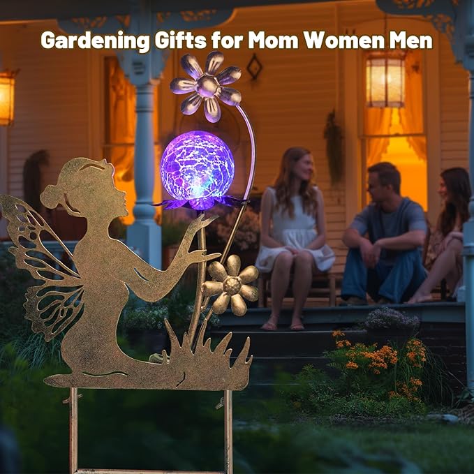 HONGLAND Solar Garden Lights Outdoor Decor, Fairy Figurine Moon Crackle Glass Lights Stake, Housewarming Ornament for Patio, Lawn, Yard, Pathway - Unique Gardening Gifts for Women Mom Grandma