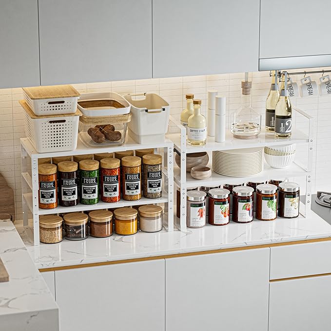 Expandable,Stackable Spice Rack,Seasoning Organizer and Storage,Spices Jar Racks for Cabinet,Countertop, Metal Pantry, Cupboard,Laundry Storages,Heavy Duty(2 Packs/Medium/White)