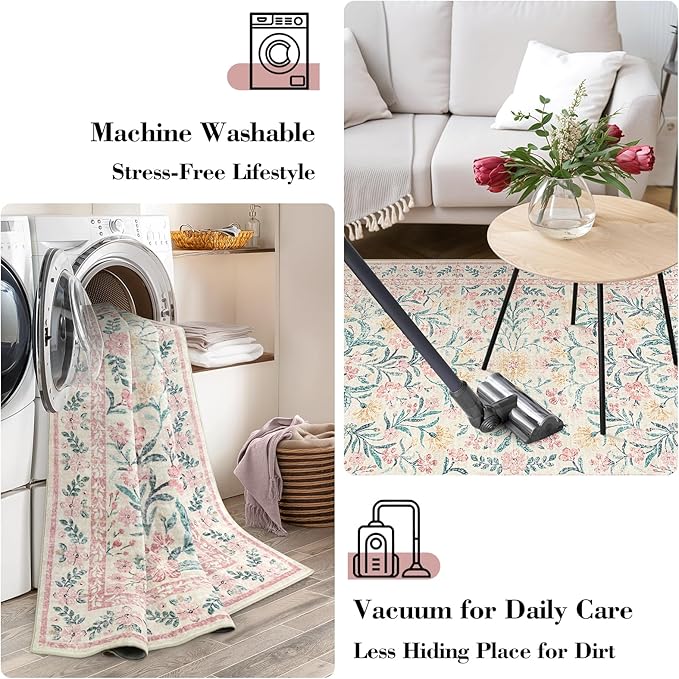 Wonnitar Washable Round Rugs 6ft, Pink Floral Circle Rug Large Round Carpet for Bedroom, Boho Soft Ultra-Thin Circular Carpets for Kids Playroom Living Room Nursery