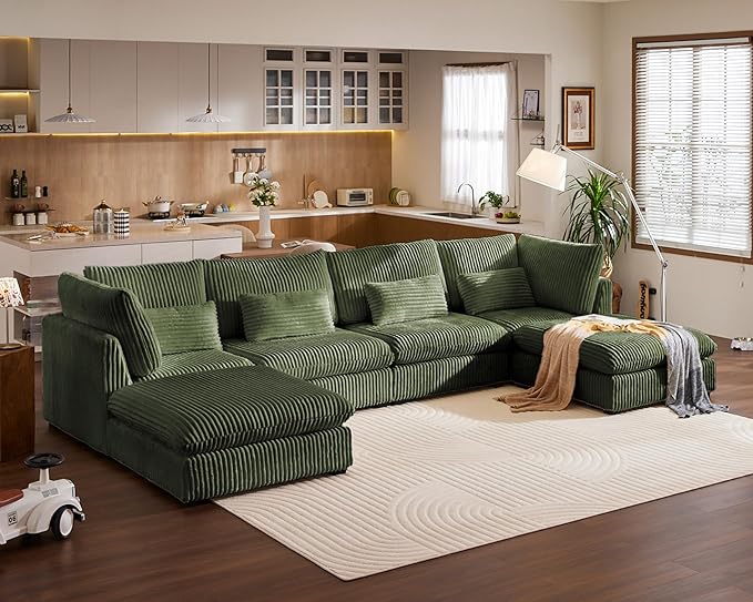 Oversized Modular Sofa, Extra Deep Cloud Corduroy Sectional Couch with Ottoman Chaise, Fluffy Chenille 6 Seat U-Shaped Sofa for Living Room, Villa (U Shape 6 Seater, Corduroy Green)
