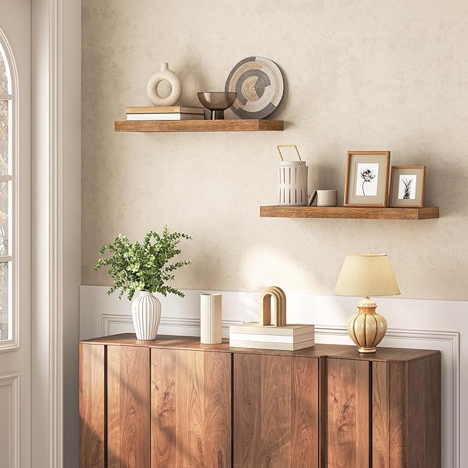 HOOBRO Floating Shelves for Wall, Wall Mounted Shelf Set of 2, 23.6" Hanging Shelf with Invisible Brackets, for Wall in Bathroom, Bedroom, Toilet, Kitchen, Living Room, Office, Rustic Brown BF60BJ01