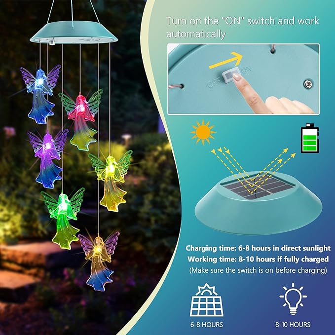 Toodour Solar Wind Chimes, Color Changing Angel Wind Chimes, LED Decorative Mobile, Gifts for Mom Grandma, Waterproof Outdoor Decorative Lights for Garden, Patio, Yard, Window Outdoor Decor