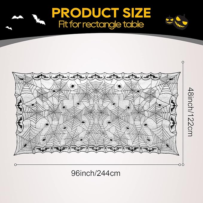 eZAKKA Halloween Table Cloth, Spider Web Table Cloth Black Tablecloth Lace Fabric Table Cloths Halloween Table Cover for Rectangle for Parties Gothic Spooky Home Decorations, 48x96 Inch