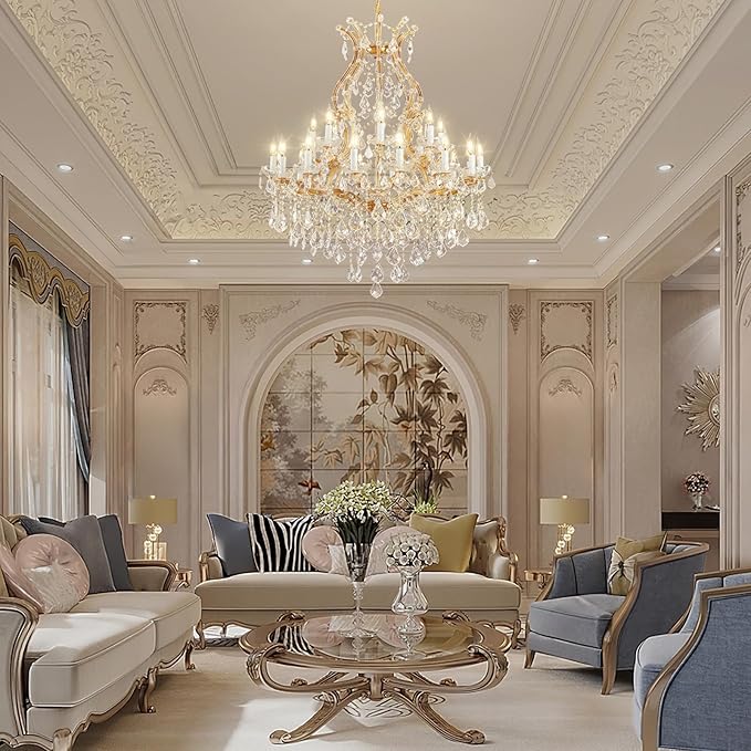 Large Gold Crystal Chandelier Light Fixtures - 24 Lights Modern Crystal Chandeliers for Hotel, Lobby, Foyer, Entryway Hall, Staircase High Ceiling Chandelier 2 Layers