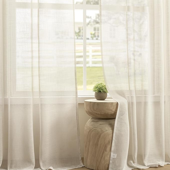 Joydeco Sheer Curtains 108 Inches Long, White Curtains for Living Room 2 Panels Set, Linen Curtains Window Privacy Assured with Light Filtering(W52 x L108 Inch,Linen)