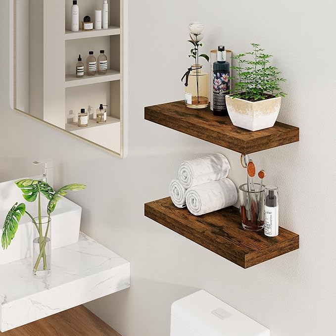 Floating Shelves, 8 Inch Deep Floating Shelves, 24"W x 8"D Wall Shelves Set of 2, Rustic Wood Floating Shelf for Home Decor, Deep Storage Shelves for Kitchen, Bedroom, Living Room, Rustic Brown