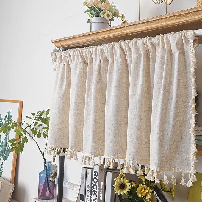 Sutuo Home Boho Sheer Curtain Valance Cotton Linen with Bohemian Handmade Tassels, Short French Farmhouse Window Treatment for Kitchen Cafe, Rod Pocket, 1 Panel 59" W x 18" L, Natural