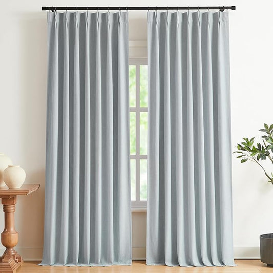 Vision Home Blue Gray Pinch Pleated Full Blackout Curtains Linen Blended Room Darkening Window Curtains 102 inch for Living Room Bedroom Thermal Insulated Pinch Pleat Drapes with Hooks 40" Wx102 Lx2