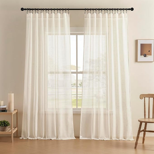 Joydeco Sheer Linen Curtains for Living Room, White Curtains 90 Inches Long 2 Panels Set, Rod Pocket Back Tab Window Privacy Assured with Light Filtering(W52 x L90 Inch,Linen)